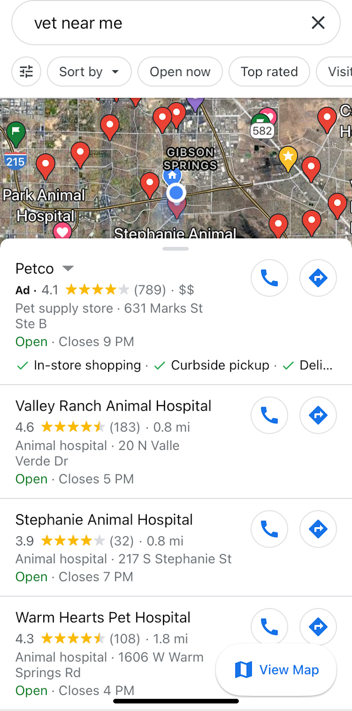 google-my-business-optimization-03-vets-maps The Google Maps results for "vet near me"