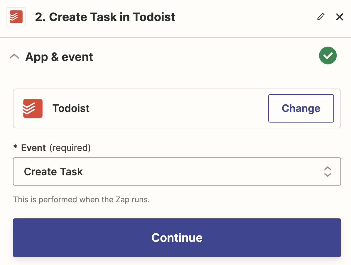 An action step in the Zap editor with Todoist selected for the action app and Create Task selected for the action event.