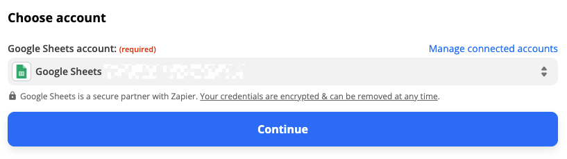 In a field labeled "Google Sheets account" a Google Sheets account is selected in a dropdown menu with the Google Sheets logo next to the account name.