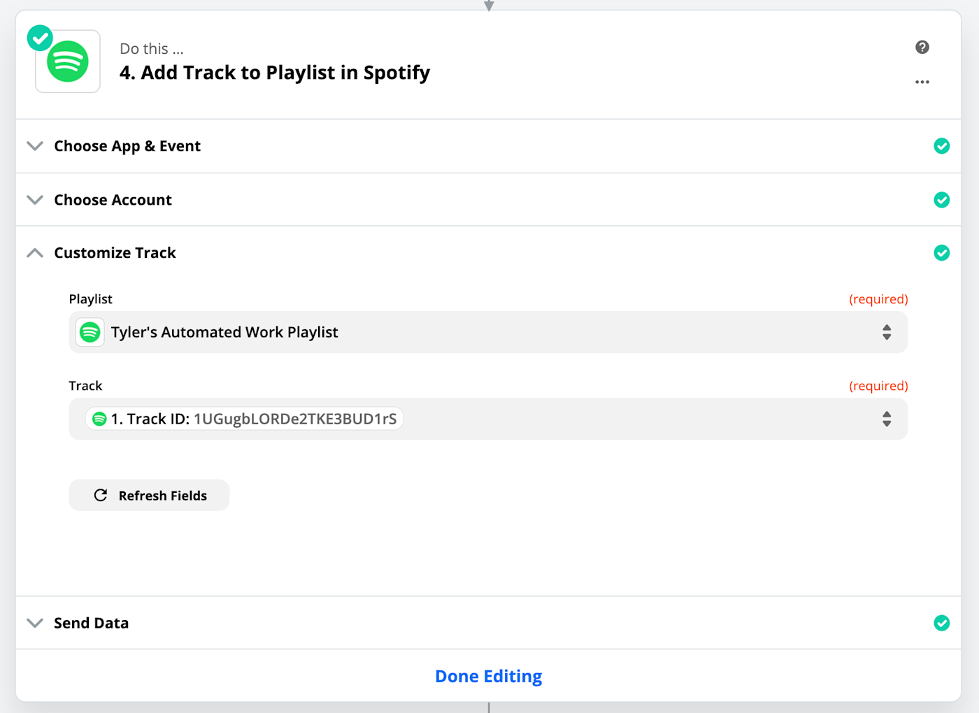 The Customize Track section of the final action step in your Zap.