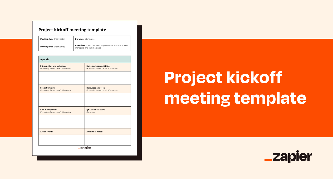 Screenshot of Zapier's project kickoff meeting template on an orange background