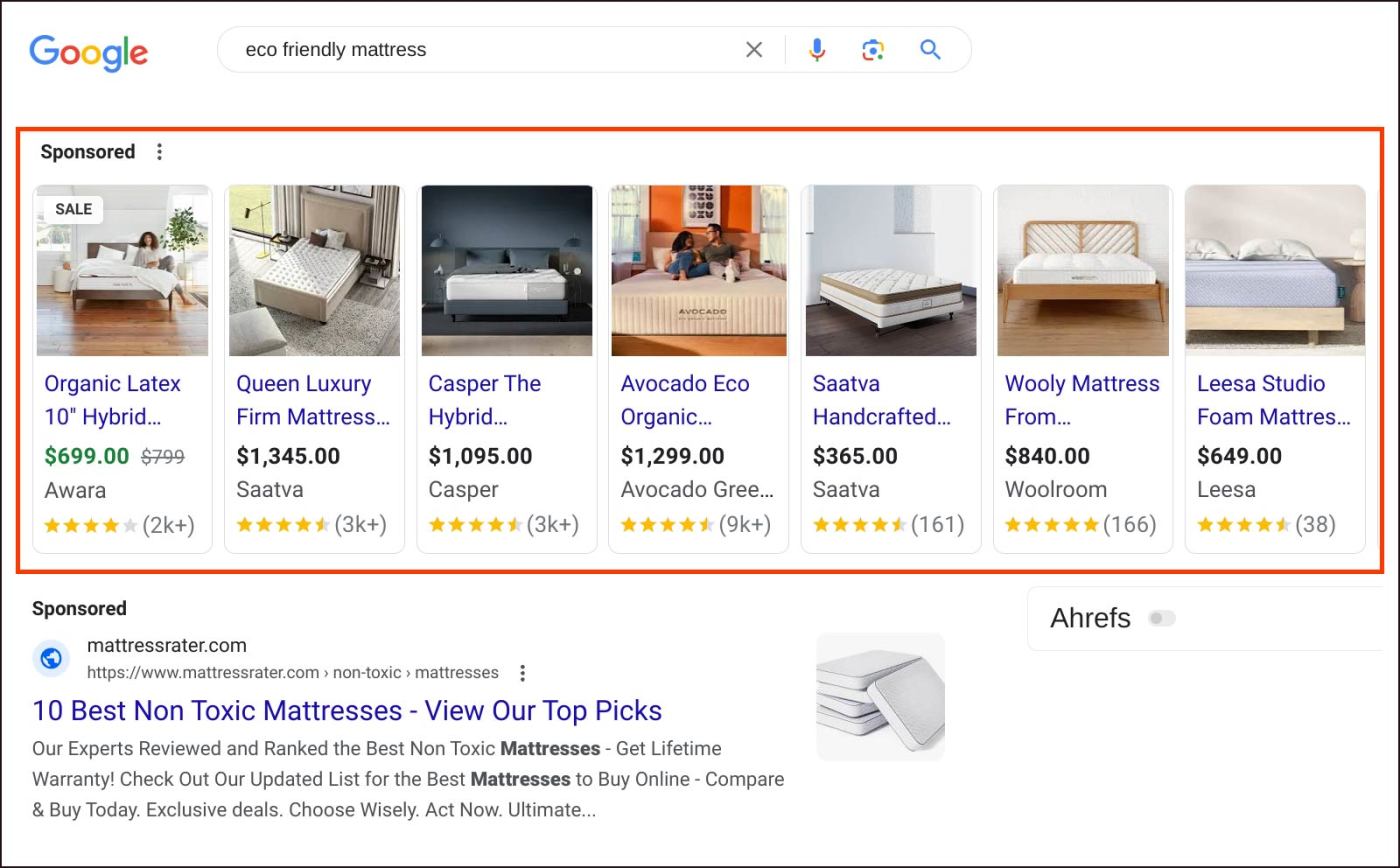 Screenshot of Shopping ads highlighted in the Google SERP.
