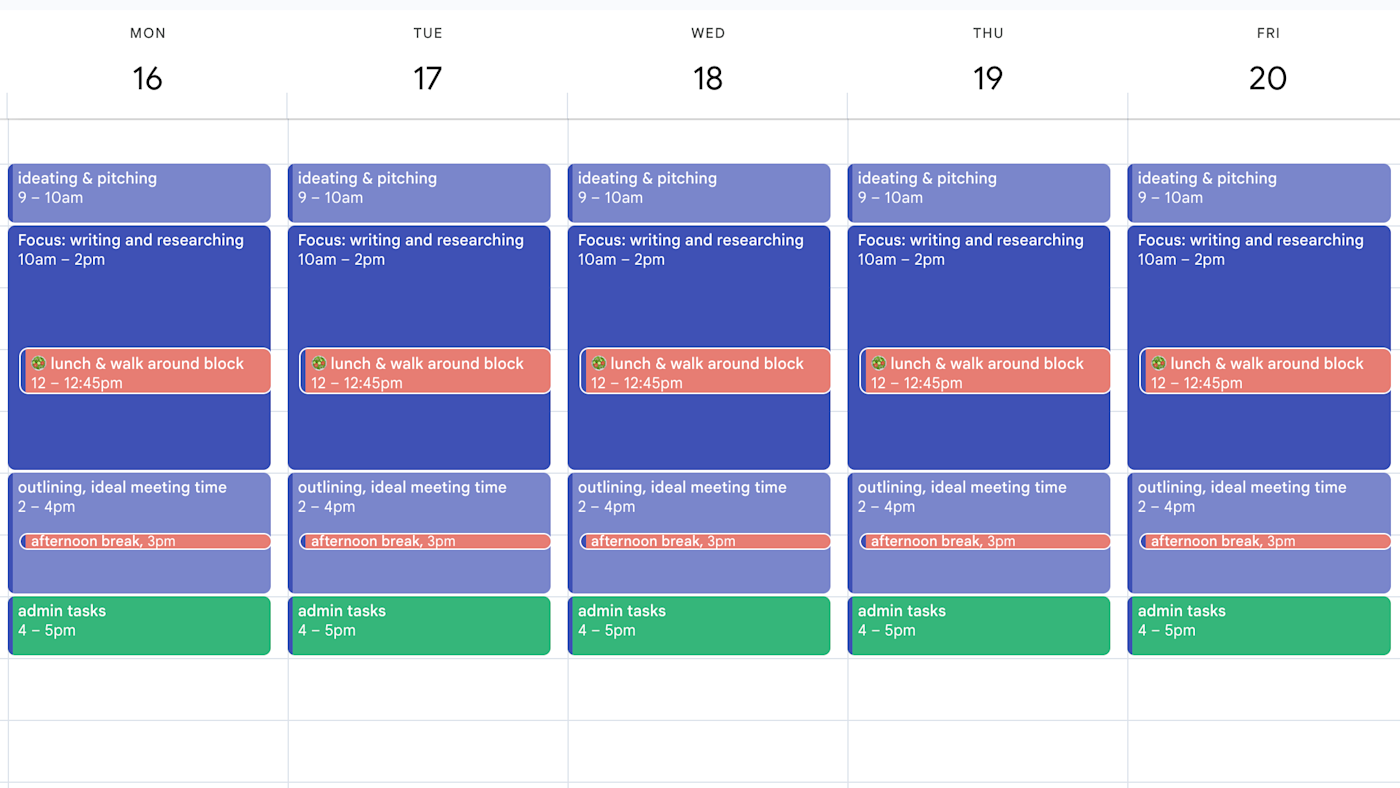 A week in Google Calendar with tasks blocked off between 9 a.m. and 5 p.m. each day.