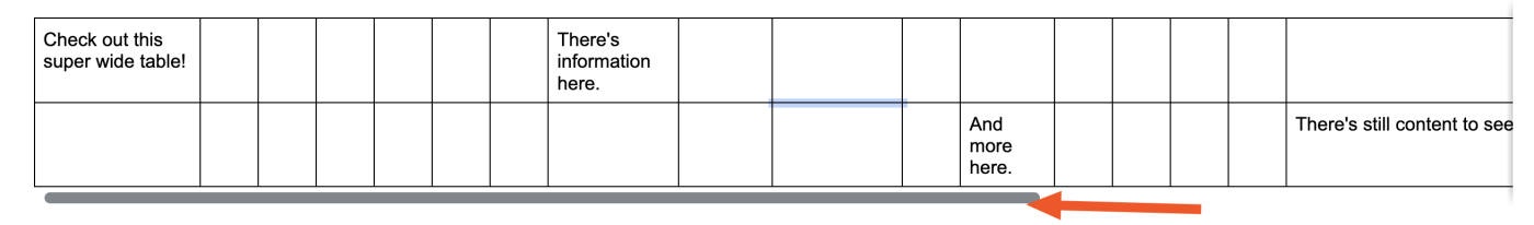 The bar at the bottom of a table in Google Docs pageless mode, which allows you to scroll