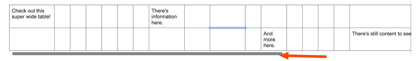 The bar at the bottom of a table in Google Docs pageless mode, which allows you to scroll