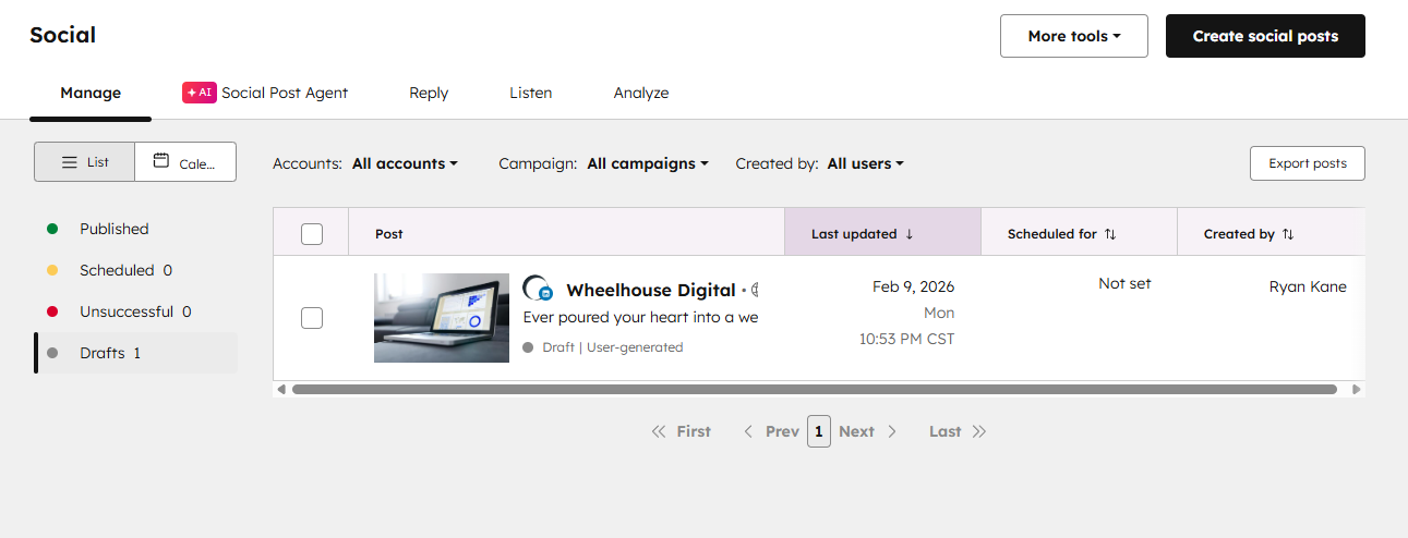 The social media dashboard in HubSpot
