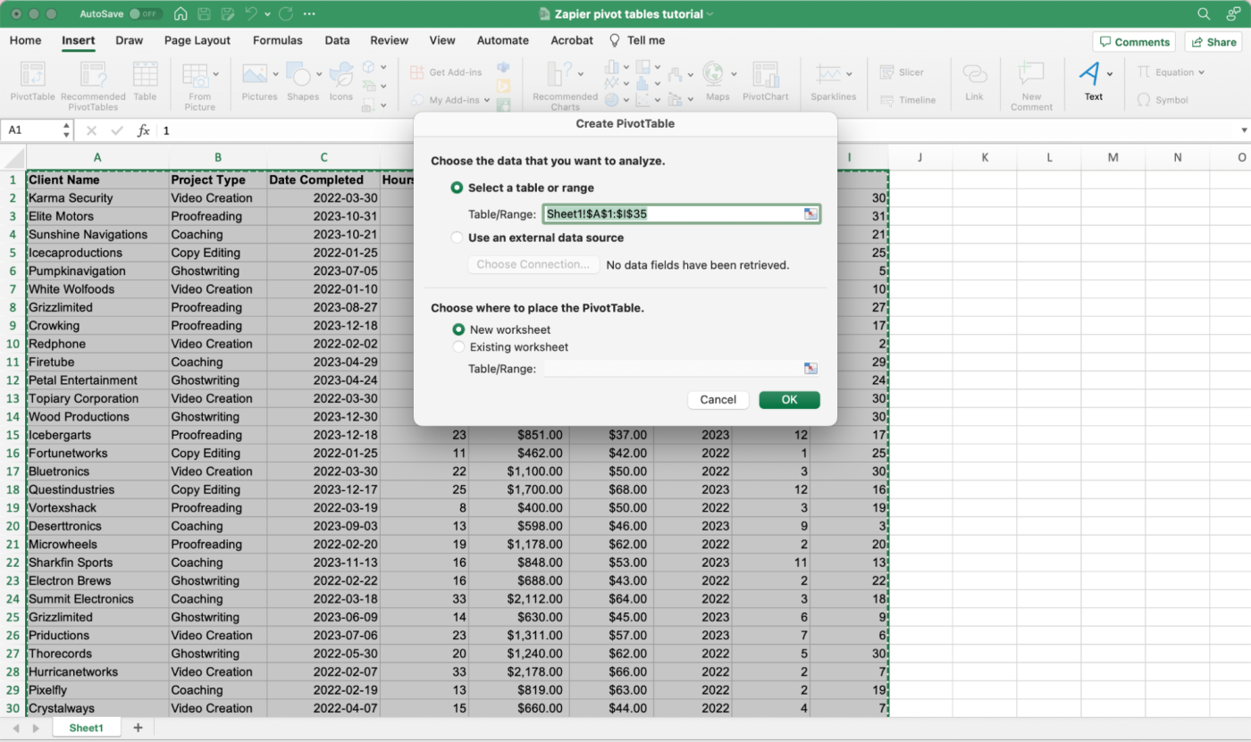 How to create a pivot table in the desktop app for Excel.