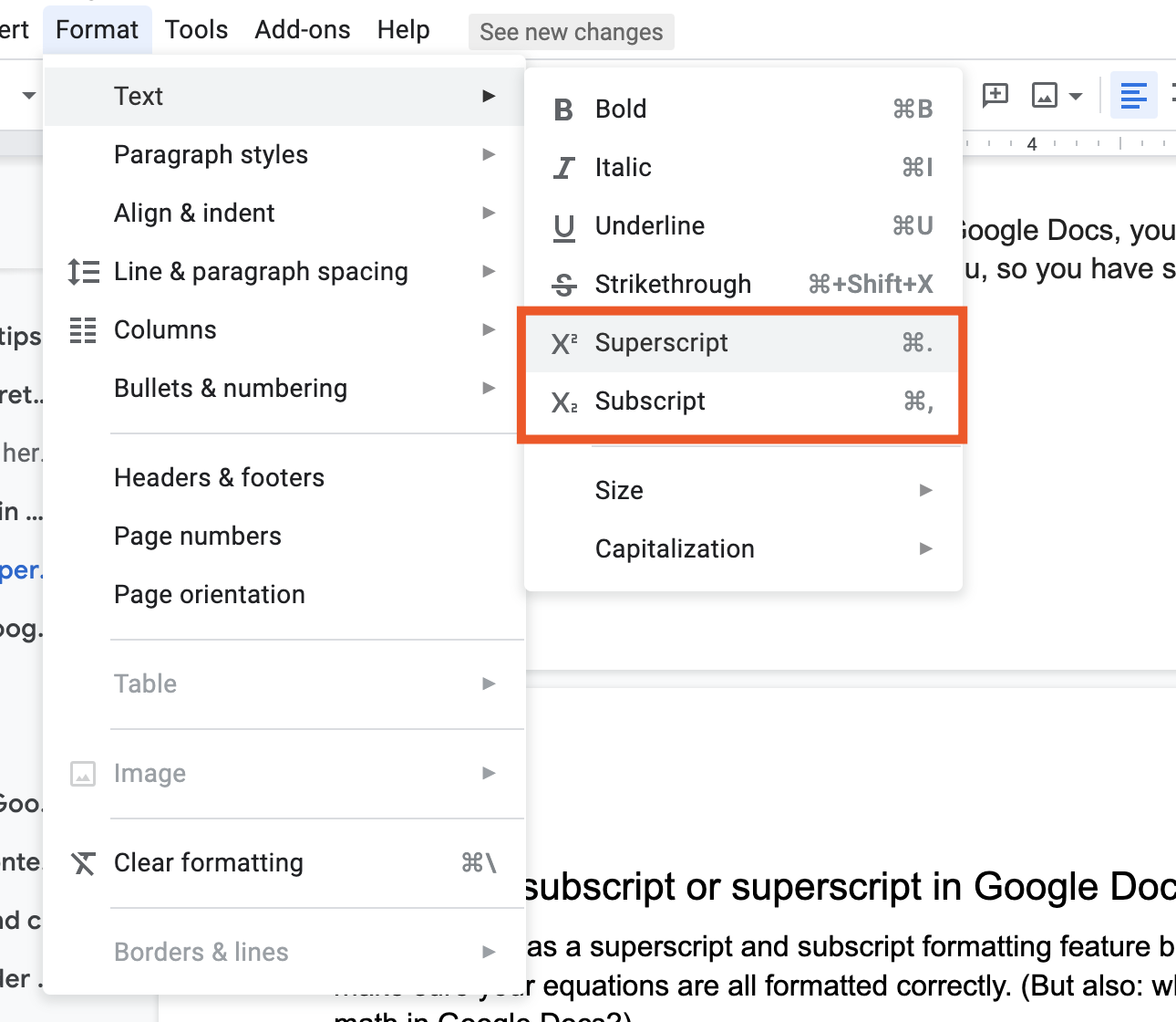 How to do subscript or superscript in Google Docs.