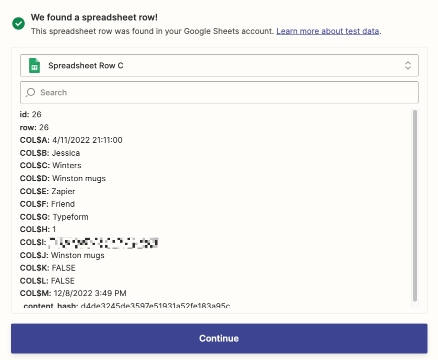 Review your test data for the Google Sheets rows Zapier found.