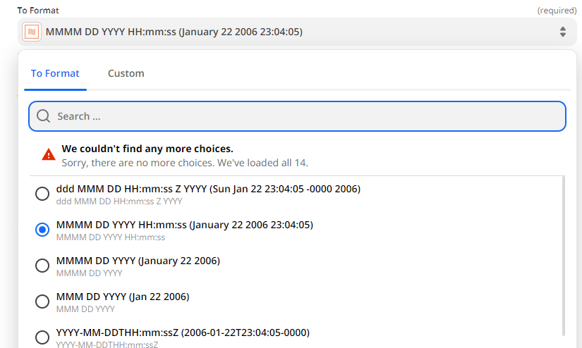 Underneath the text To Format, a list of different date formats with a blue button selected next to one of the formats