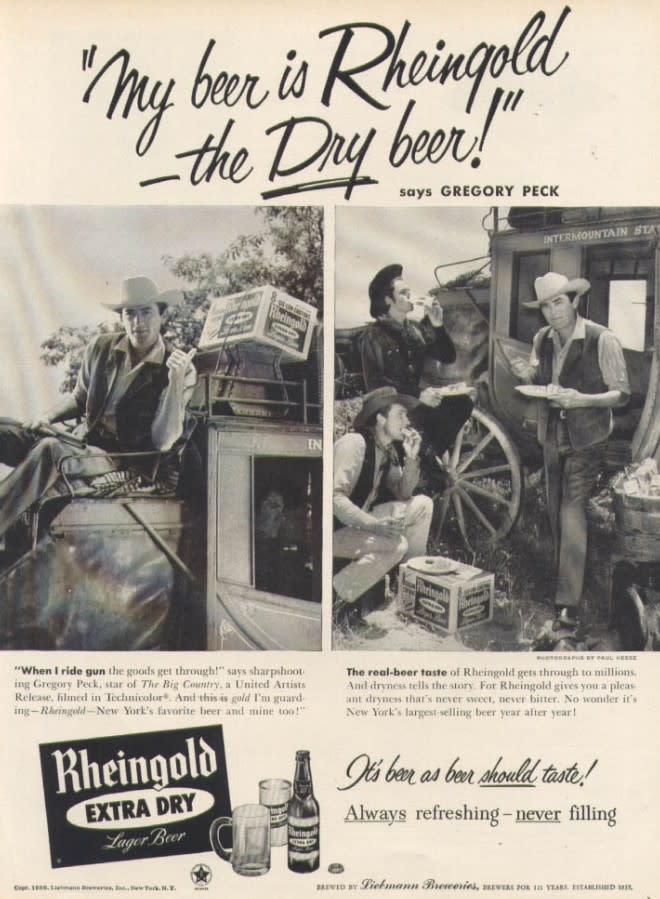 Rheingold beer testimonial advertising featuring a quote from Gregory Peck.