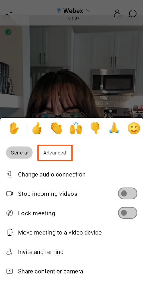 Screenshot of advanced tab in webex app