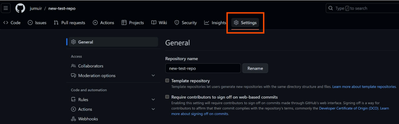 GitHub repository settings page.