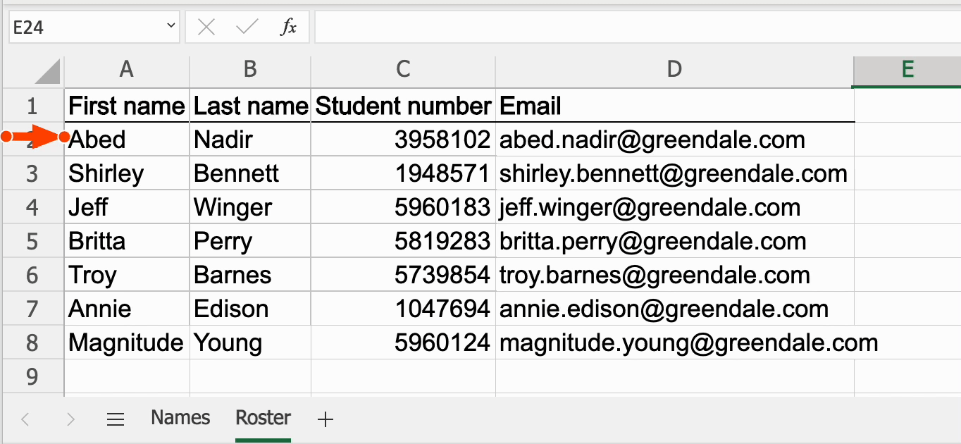 Gif of an Excel workbook with two worksheets titled "Names" and "Roster." The Roster sheet has information populated in columns A-D for the categories "first name," "last name," "student number," and "email." An arrow points to the data in cell A2 which reads "Abed." A mouse clicks on the "Names" spreadsheet, selects cell A2, and inputs the function "=Roster!A2". The data "Abed" populates. The mouse clicks back to the "Roster" sheet and updates the data in cell A2 to read "George." The mouse again clicks on the "Names" sheet and the data in cell A2 has automatically changed to also read "George." 