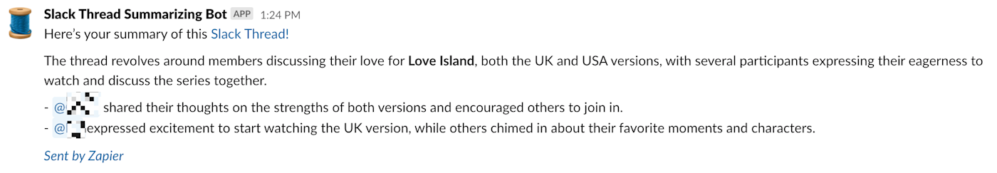 A slack thread that summarizes a conversation about Love Island.