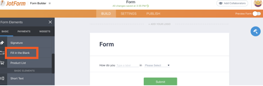 Add fill in the blank feature in JotForm