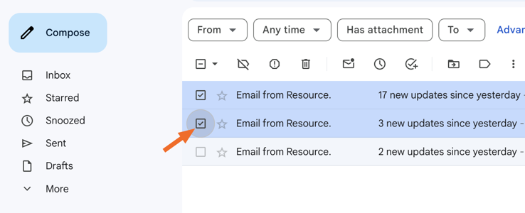 Screenshot of the author selecting an email to un-archive