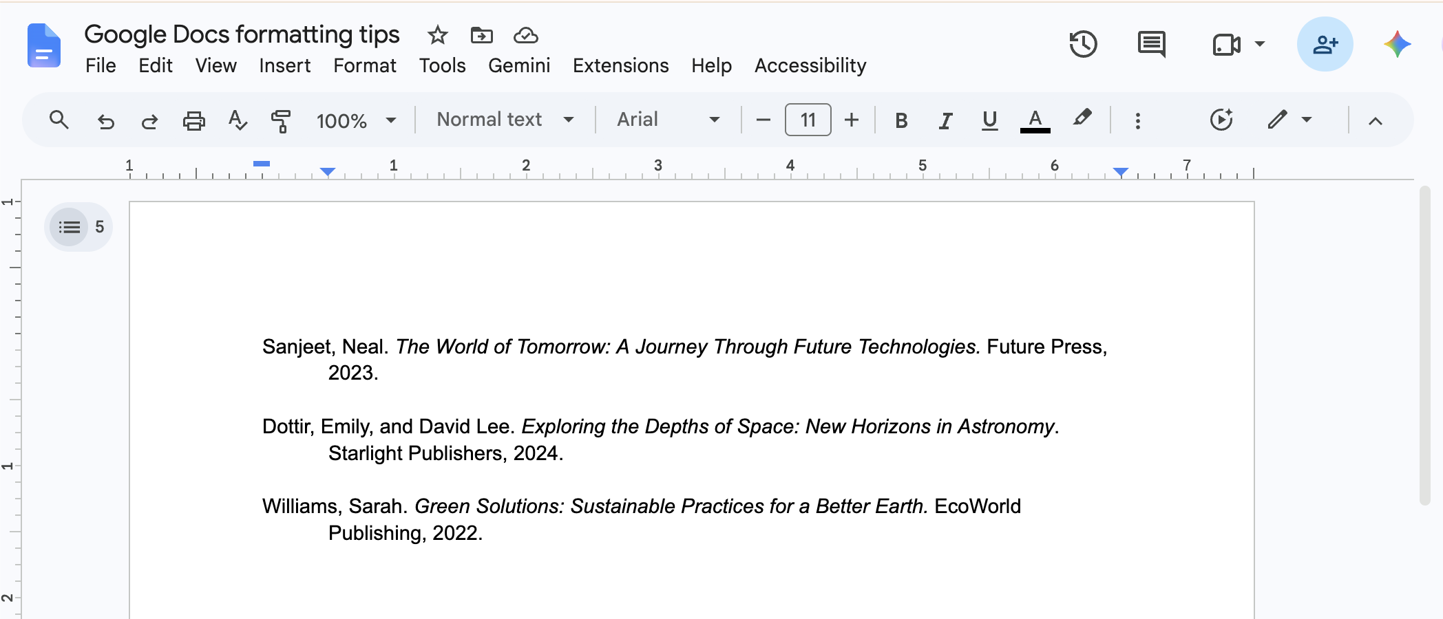 Example of a bibliography in Google Docs with hanging indents.