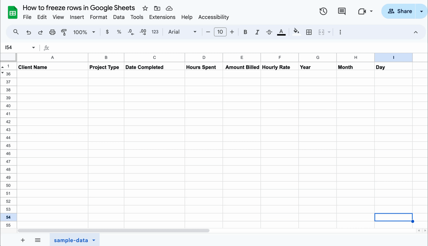 Demo of how to unhide rows in Google Sheets.