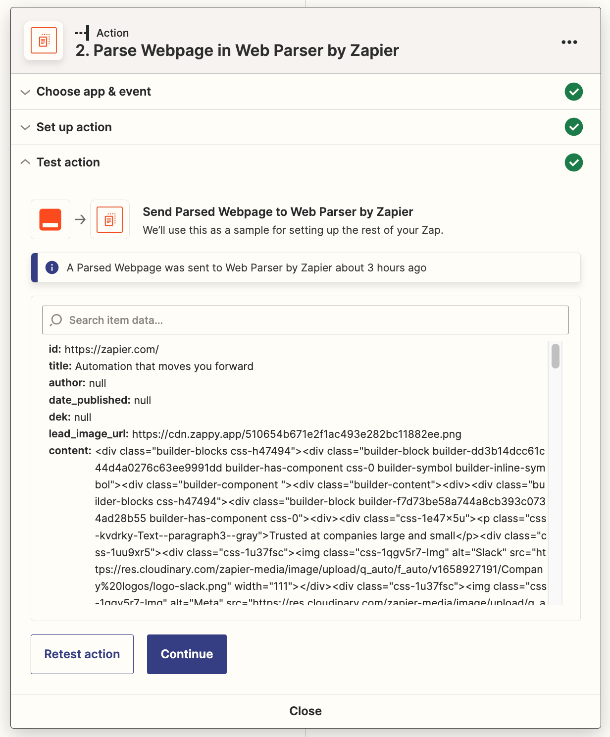 A successful test result that shows info parsed from a web page.