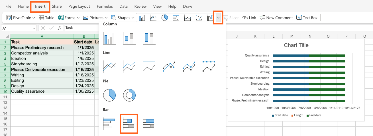 Screenshot of the Excel sheet showing how to turn the data into bars