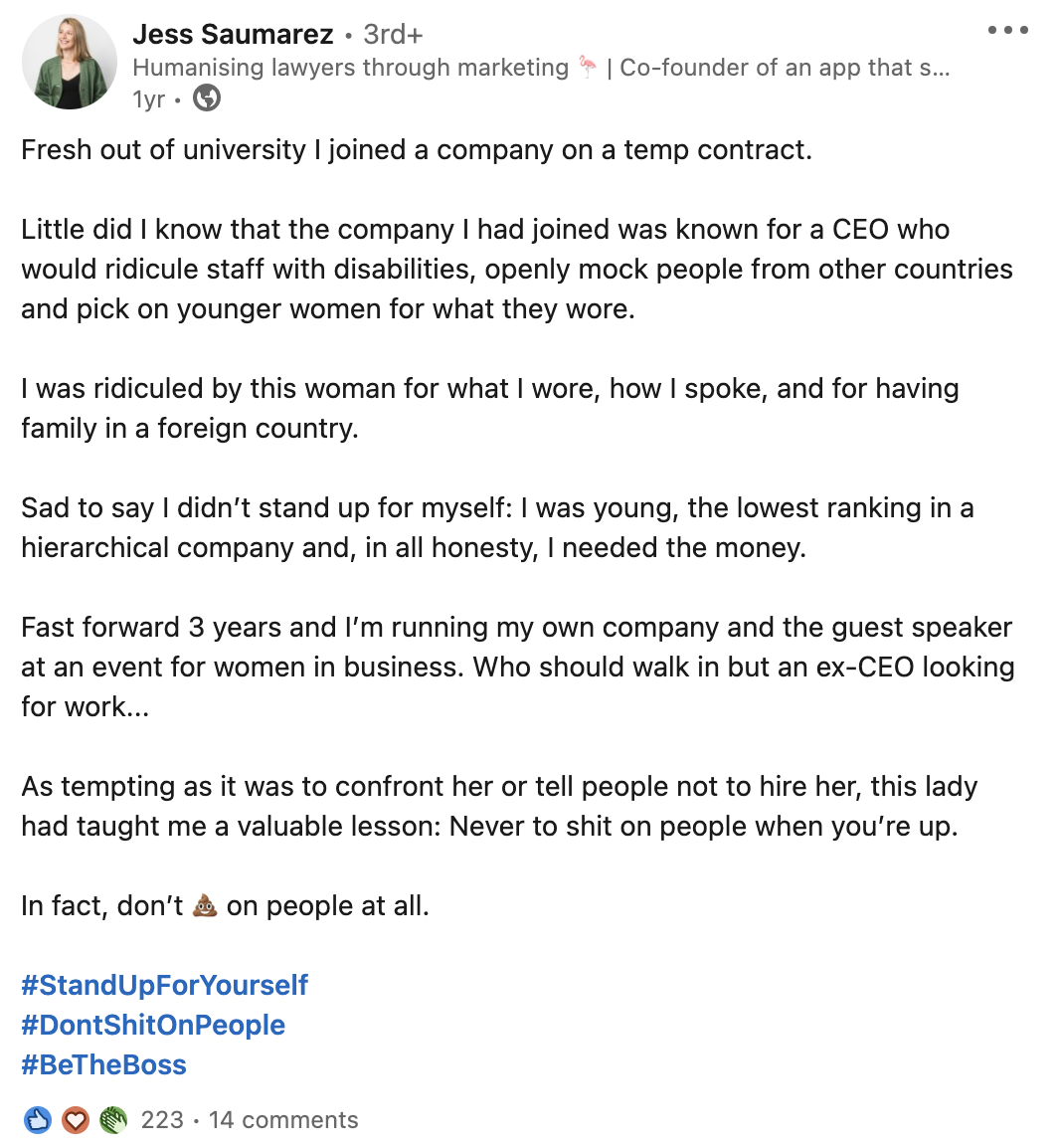 A screenshot of Jess's post about being a young worker
