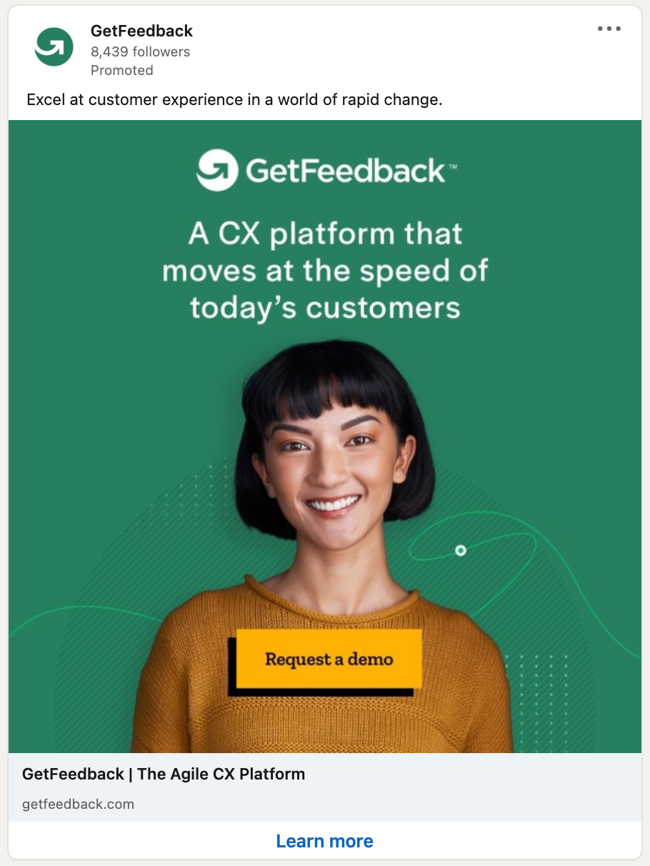 LinkedIn Lead Gen ad example from GetFeedback, showing that you're requesting a demo