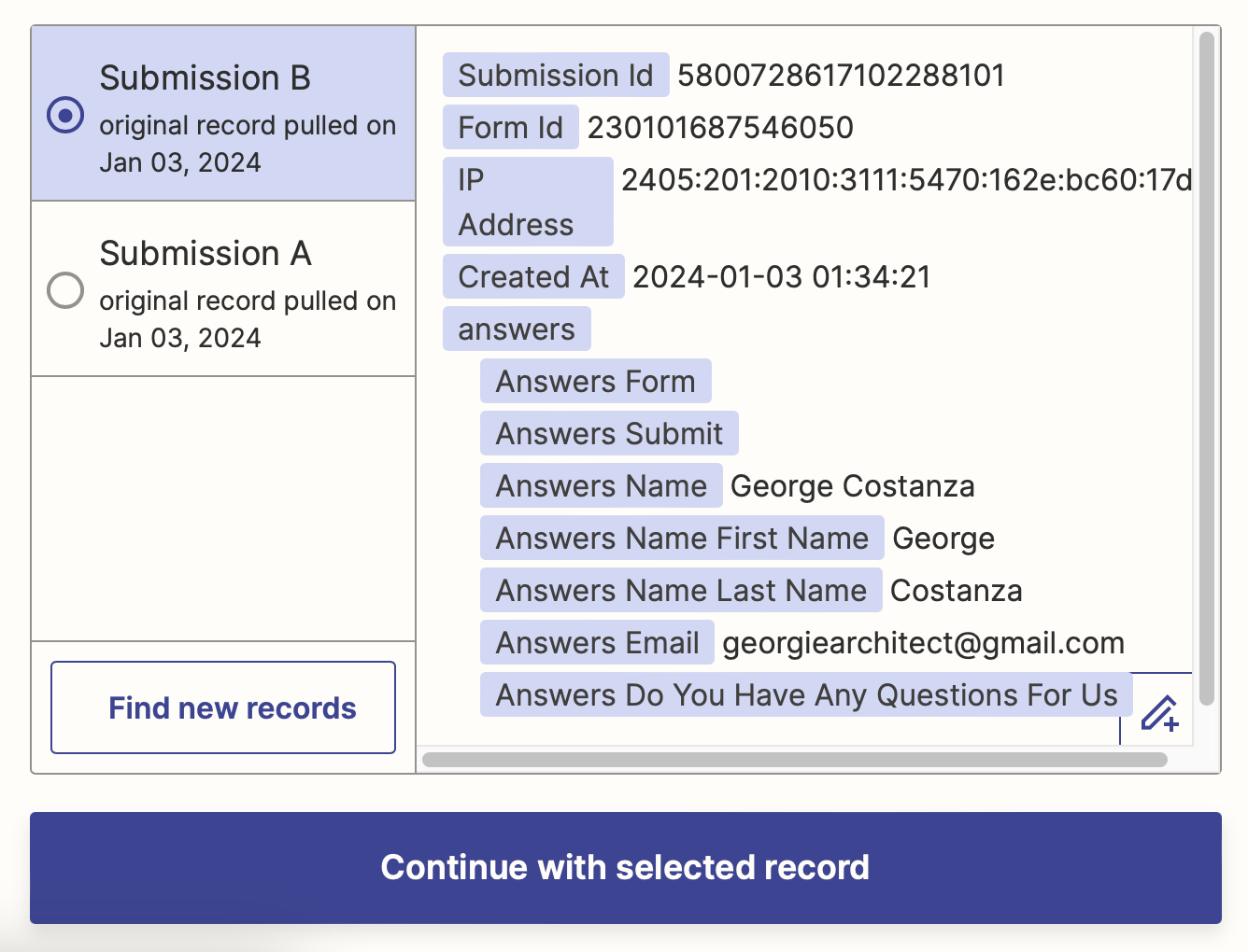 A set of Jotform response samples in the Zap editor.