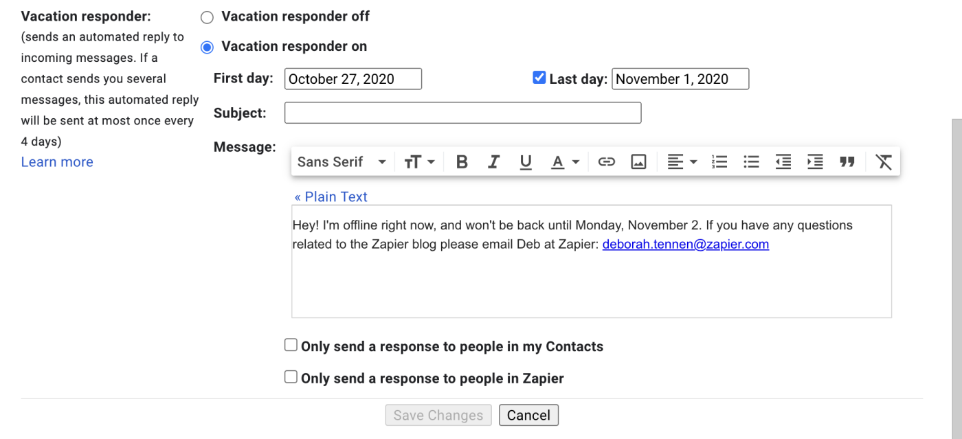 Turning the vacation responder on in Gmail