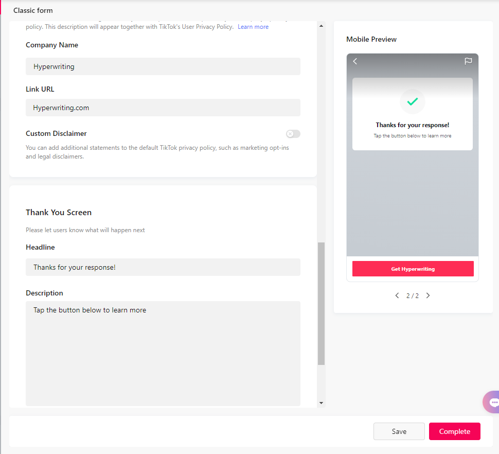 Completing a lead gen form on TikTok Ads Manager