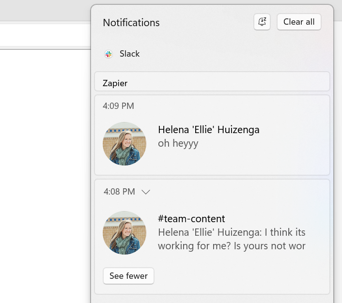 Notifications area in Windows with previews of direct messages in Slack.