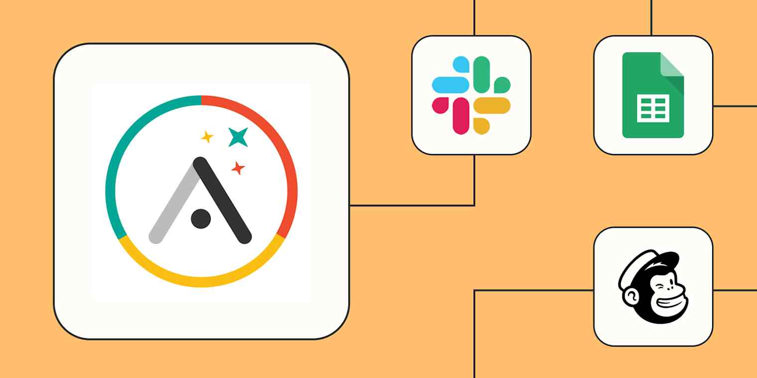 A hero image of the Adalo app logo connected to other app logos on a mustard background.