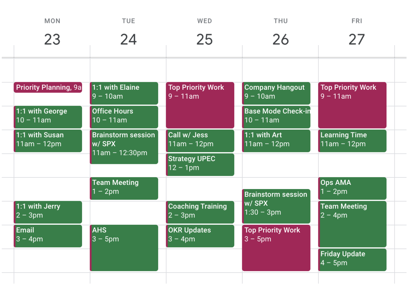 A screenshot of a time-blocked Google Calendar