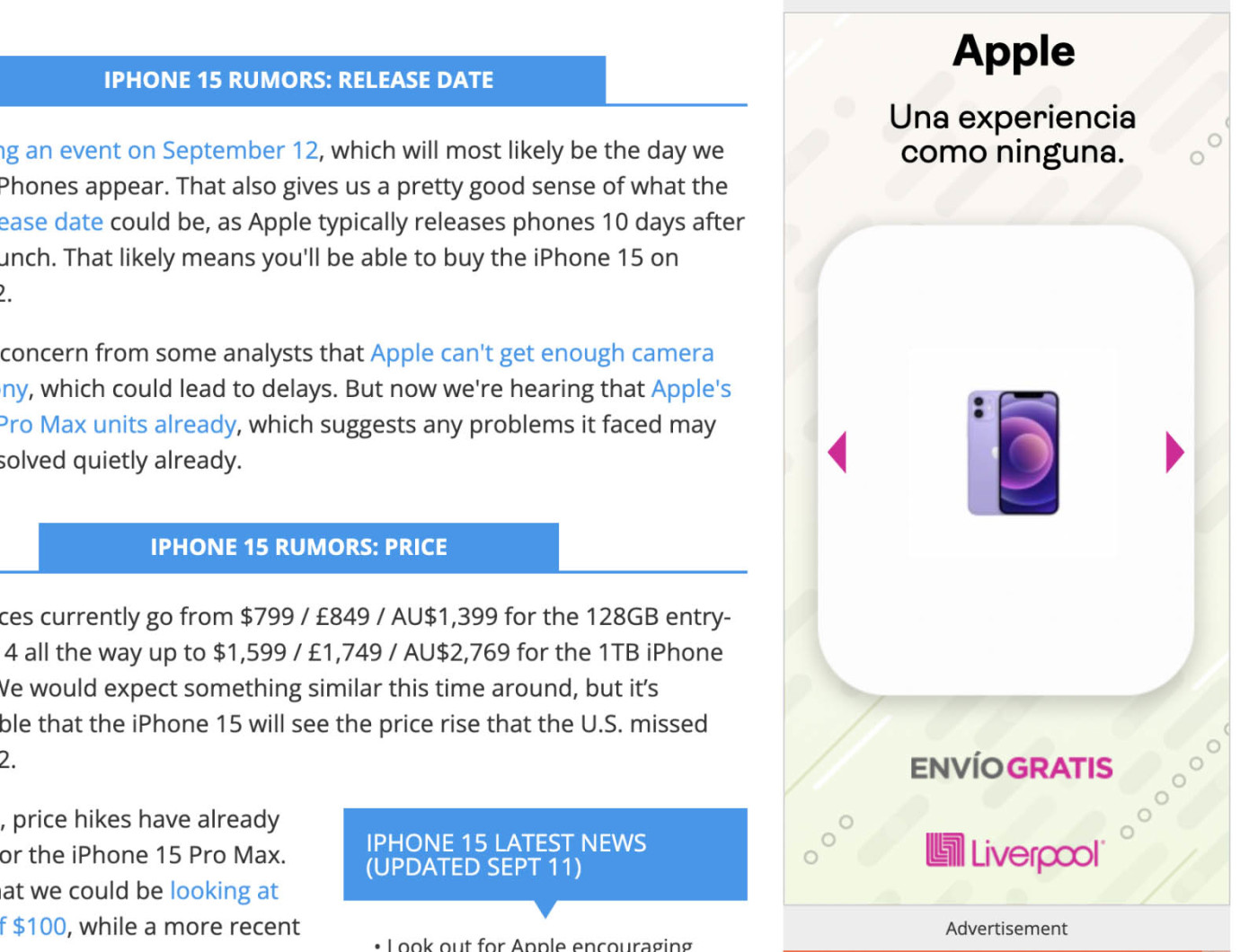 Screenshot of a Liverpool Apple ad describing iPhone 15 rumors.