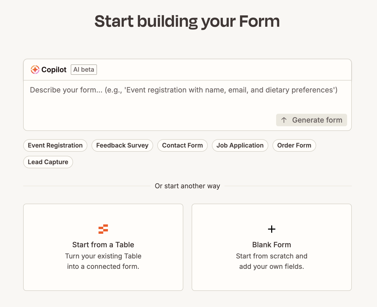 Form builder page with a Copilot prompt to describe a form, preset form type chips, and options to generate or start blank