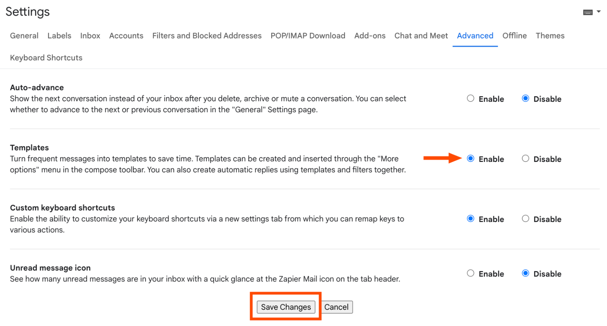 Gmail settings window with templates enabled. 