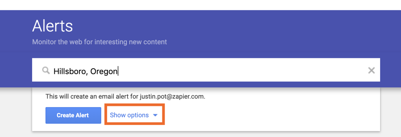 Show options in Google Alerts