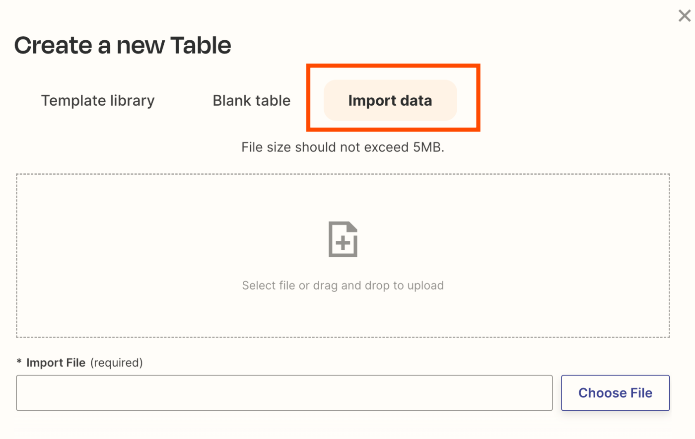 Screenshot of import data option