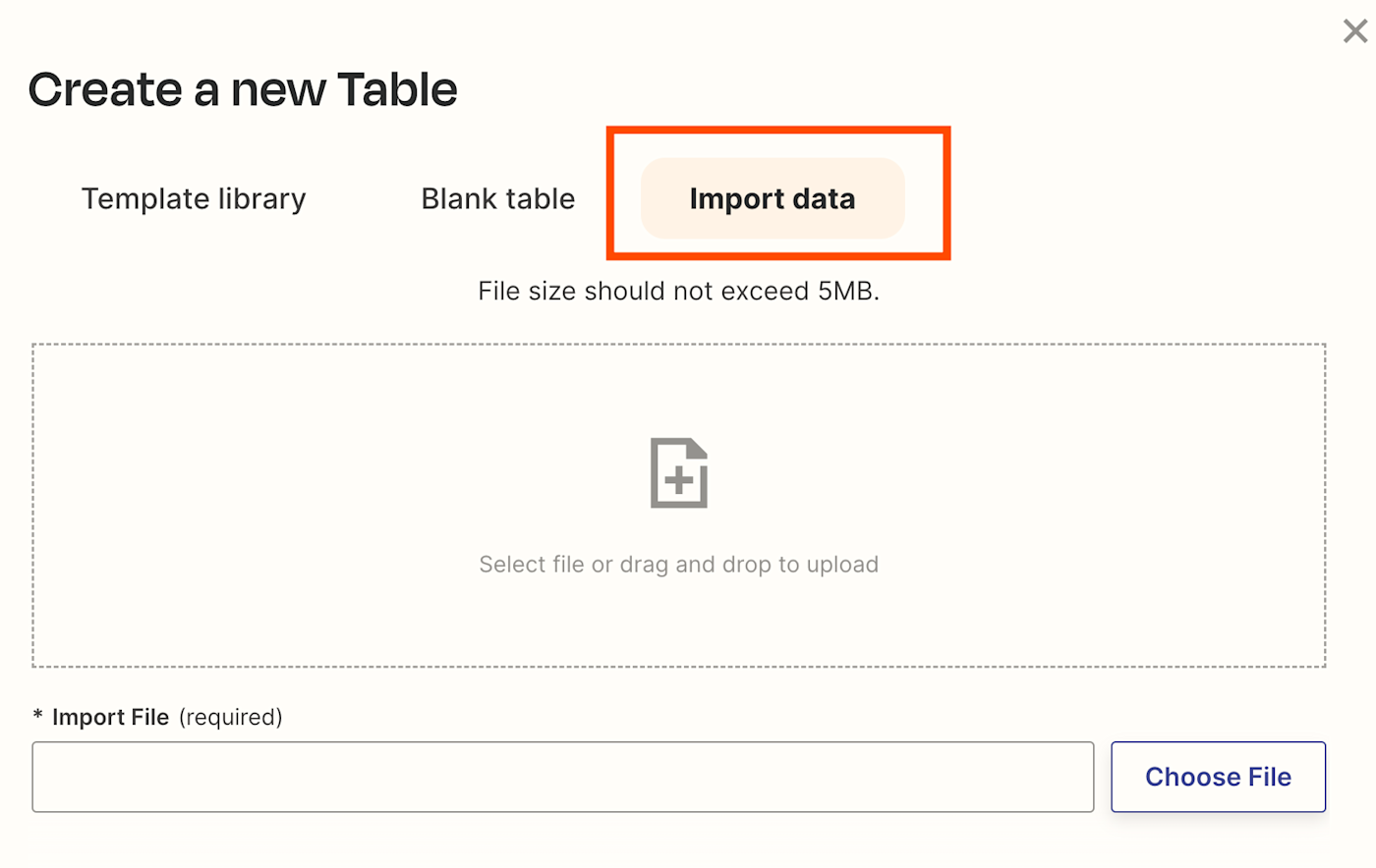 Screenshot of import data option