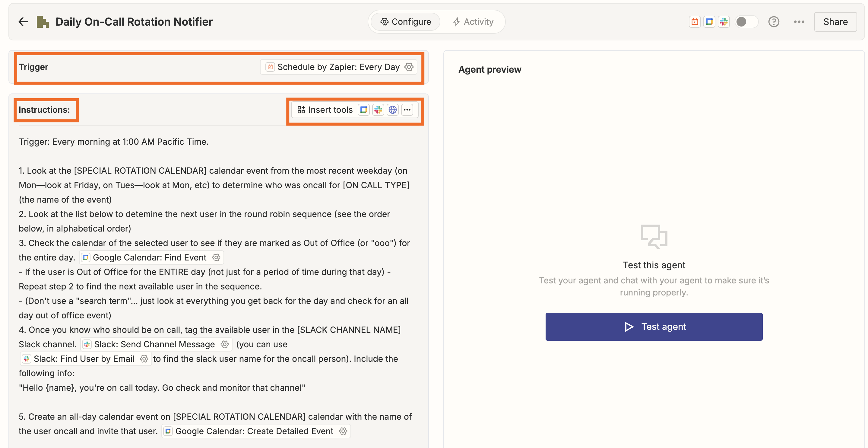 Screenshot of agent set up