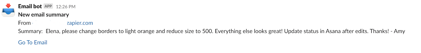 Screenshot of Slack summary as a message