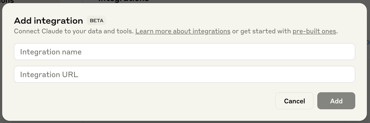 The Add integration option in Claude