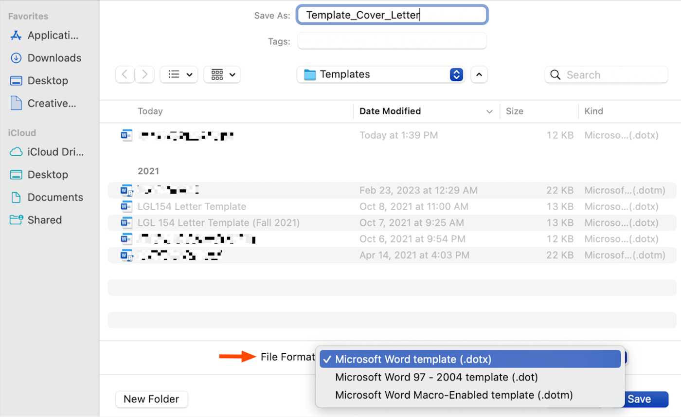 File save window in the desktop app for Microsoft Word with a dropdown of available file formats. 