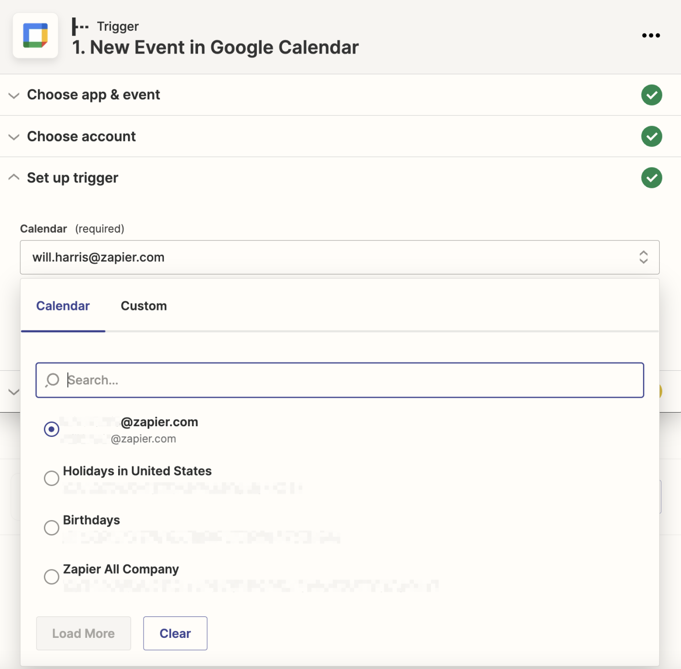 On the Calendar tab, a specific Google calendar is selected.