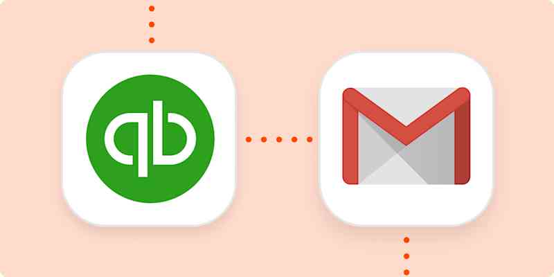 zapier-tutorial-00-quickbooks-gmail The QuickBooks Online and Gmail logos, connected by a line of orange dots.