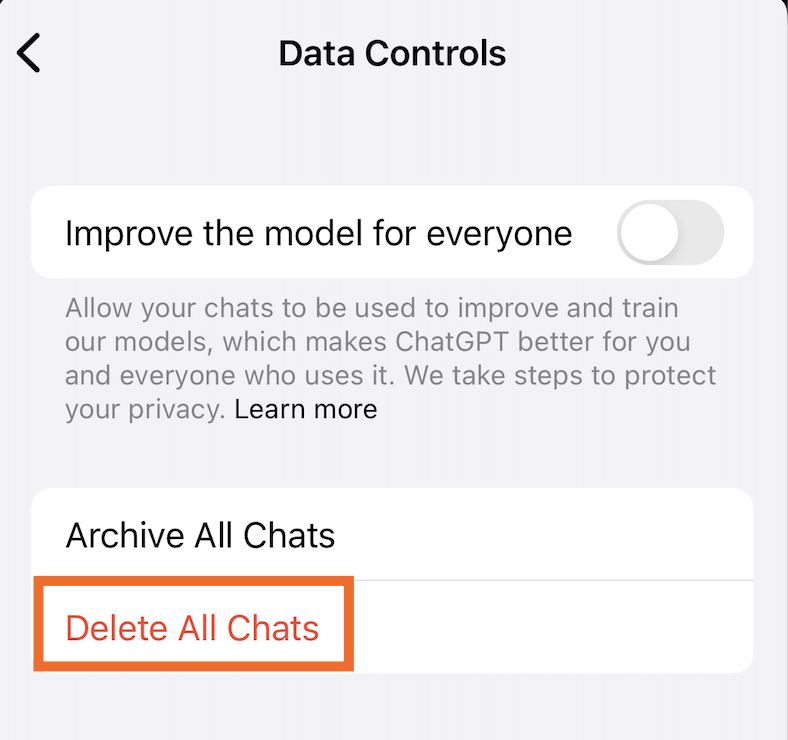 ChatGPT data controls menu in the mobile app with delete all chats highlighted.