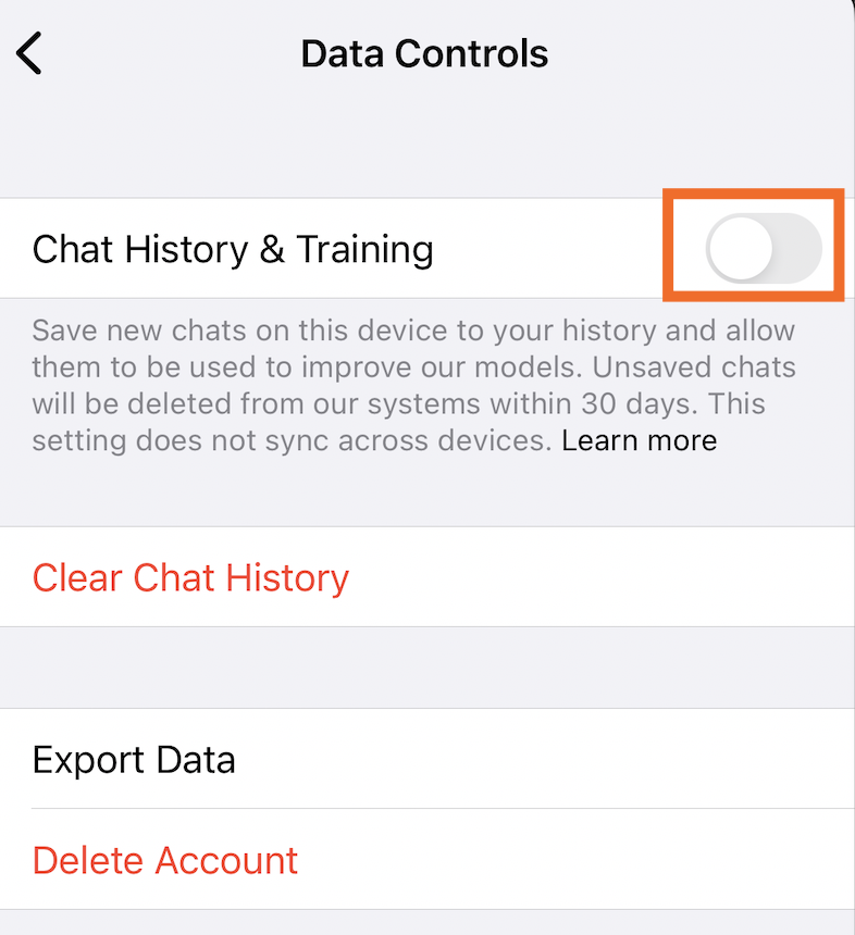 How to turn off your chat history in ChatGPT from the mobile app.