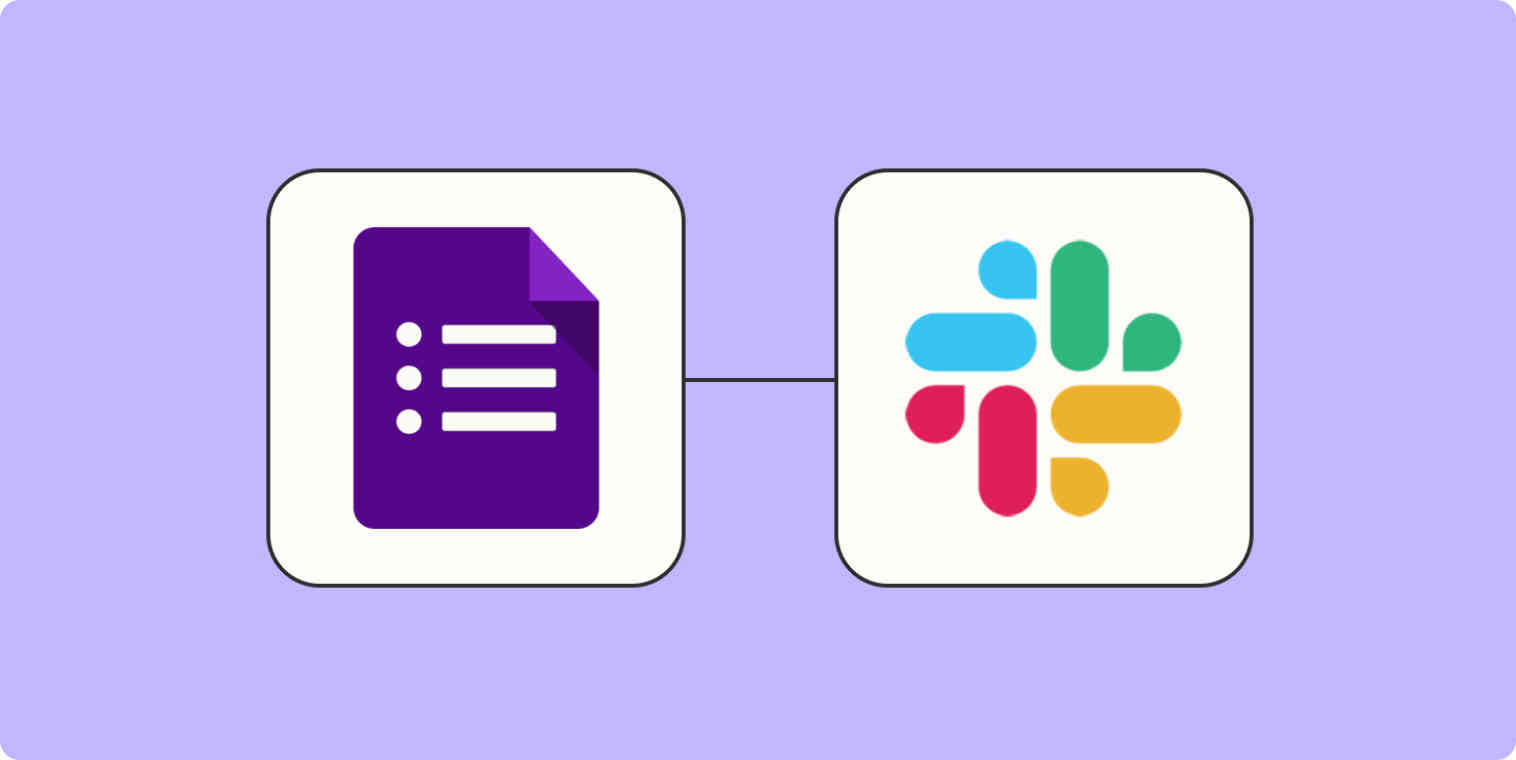 A hero image of the Google Forms app logo connected to the Slack app logo on a light purple background.