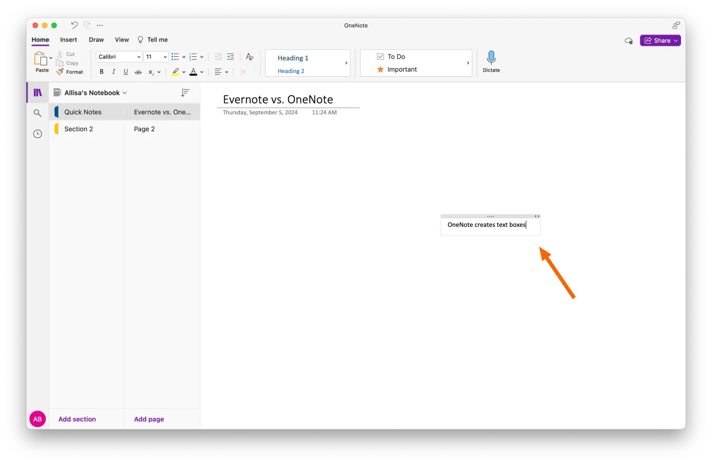 Screenshot showing how when using OneNote, wherever you click on the interface, your cursor creates a text box for your note