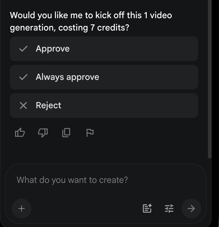 Flow prompt to approve video generation credits